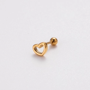 Detailed close-up of a polished gold heart-shaped stainless steel stud earring on white