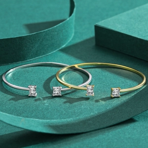 Elegant gold and silver S925 sterling silver open bangles with emerald-cut zircon stones