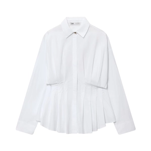 Detail view of white long sleeve shirt showing shirred waist design and turn-down collar