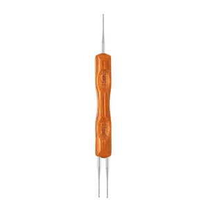 Detailed macro view of 0.5mm dreadlock crochet hook tool with bamboo handle