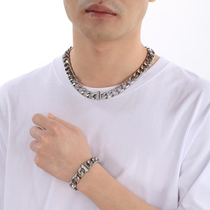 Polished silver 13mm stainless steel Cuban chain necklace and bracelet set for men
