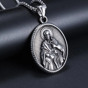 Vintage Stainless Steel Oval Religious Relief Pendant Necklace Retro Saint Portrait Faith Jewelry For Men Women