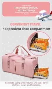 Detail showing specialized side shoe compartment of pink large yoga fitness bag