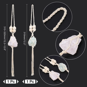 Detailed view of handmade woven hanging ornament with natural crystals and wooden beads