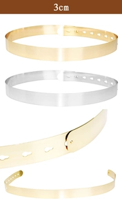 Detail of 3cm gold and silver metallic waist belts with adjustable holes on white background
