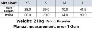 Size chart for women's blazer and mini skirt set showing waist and length measurements