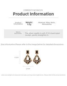 Size chart showing leopard print resin earrings measuring 4.1cm high and 2.4cm wide