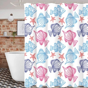 Detail of waterproof shower curtain featuring colorful fish patterns and metal grommets