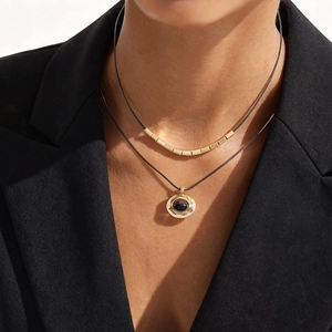 18k gold plated layered necklace set with tiger eye stone and black cord for women