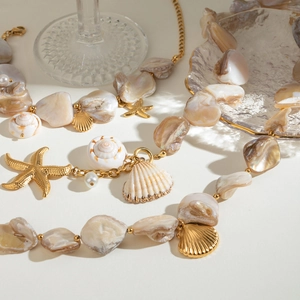 18k gold plated stainless steel necklace with natural shells and starfish pendants