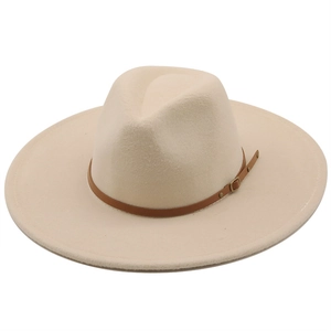 Detail of wide brim wool fedora hat featuring a brown faux leather band with gold buckle