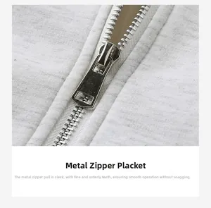 Detail of high-quality metal zipper on a grey heavy knit jacket showing smooth sliding