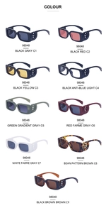 Detailed catalog of square frame sunglasses showing various color options and metal logo