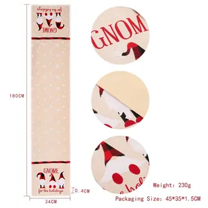 Christmas burlap table runner with snowflake prints and holiday gnome patterns