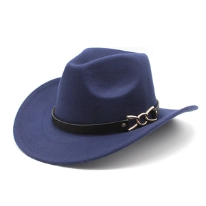 Navy blue wool felt western cowboy hat with vintage leather band and gold buckle