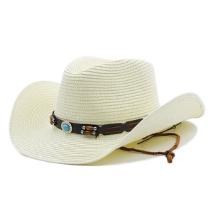 Crèmewitte strooien cowboyhoed met turquoise kralen en verstelbare kinriem