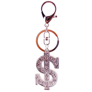 Sparkling silver dollar sign keychain with rhinestones and metal ring on white background