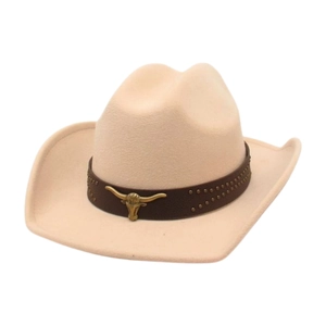 Chapeau de cowboy beige classique avec ornement tête de taureau doré et cuir