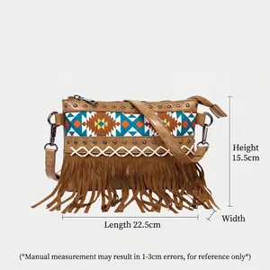 Bohemian brown PU leather crossbody bag with colorful embroidery and long fringe tassels