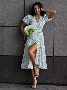 Floral print cotton wrap maxi dress with puff sleeves and waist tie for women