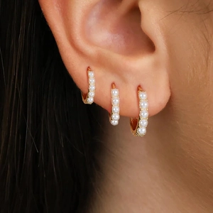 Artistic 18K gold plated hoop earrings set with elegant white pearls in three sizes