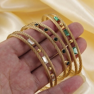 18K gold plated steel cable bracelet with multi-color emerald and zircon stones