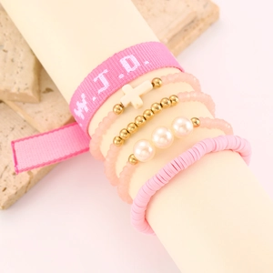 Five-piece set of pink WWJD beaded bracelets with cross and pearl charms for women