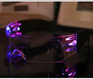 Macro detail of cyberpunk LED glasses showing the purple and blue light effects on acrylic