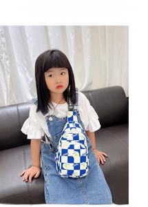 Blue and white checkered kids crossbody bag with cartoon bear and adjustable strap
