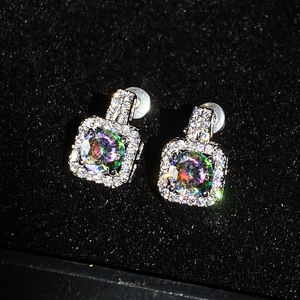Square Halo Stud Earrings Copper Cubic Zirconia Round Center Stone Elegant Jewelry For Women Daily Party Wedding Gift