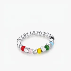 Beaded Ring 925 Sterling Silver Multicolored Colorful Faceted Beads Adjustable Trendy Jewelry For Women Elegant