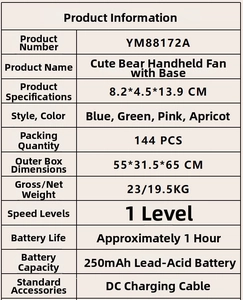 Tabella specifiche tecniche mini ventilatore portatile con dettagli su colori e batteria 250mAh