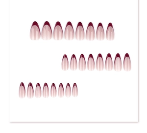 Detailed view of 24pcs almond-shaped French press-on nails in burgundy and glitter pink