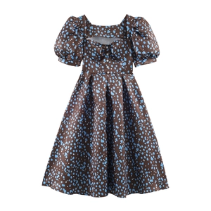 Vintage Polka Dot Acetate Satin Maxi Dress Elegant Square Neck Puff Sleeve Slit Side Artificial Pearl Buttons For Women Banquet