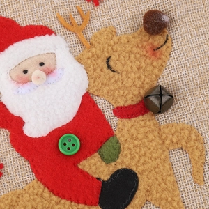 Christmas gift bags with Santa and reindeer embroidery in burlap and plush fabric