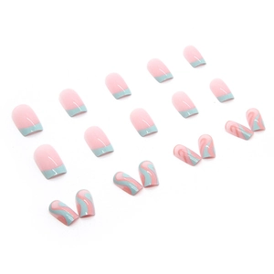 Pink and blue square-oval press-on nails with water ripple and French tip design