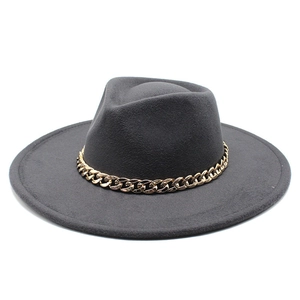 Close-up of a wide-brim dark grey wool fedora hat with a bold gold chain band detail