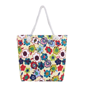 Ethnic style floral print canvas tote bag with thick cotton rope handles in beige