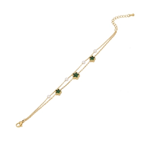 Double-layer gold stainless steel bracelet with white pearls and green star charms
