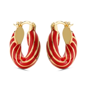 Detail of red enamel spiral hoop earrings with golden edges and twist rope texture