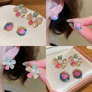 Flower Round Ginkgo Leaf Stud Earrings With Crystal Artificial Pearl Zircon Alloy Silver Earring Post Korean Sweet Elegant For Women