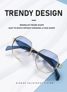 Close-up of golden octagonal metal sunglasses with gradient blue lenses and trendy design