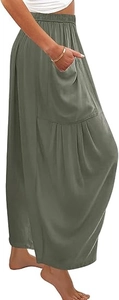 Vue latérale du pantalon sarouel vert olive en coton et lin avec taille élastiquée