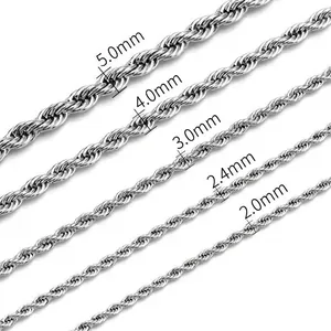 Hip hop stainless steel rope chain necklaces available in sizes 2mm to 5mm width
