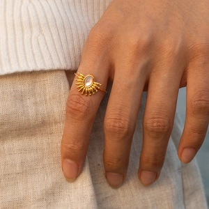 Vintage Sunburst Open Ring For Women Gold Plated Stainless Steel With Oval Natural Stone Adjustable Bohemian Jewelry