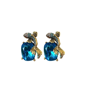 Vintage koi fish earrings with blue gemstone and crystals in luxury gold finish