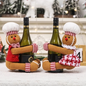 Christmas Gingerbread Man Wine Bottle Cover Hugger Plush Fabric Knitted Cloth Chef Hat Holiday Party Table Decor