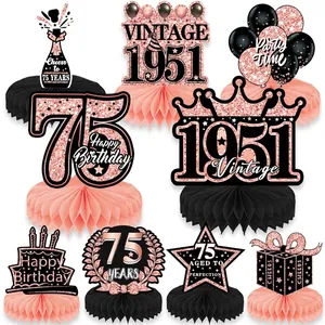 9pcs rose gold 75th birthday honeycomb centerpieces with vintage 1951 party motifs