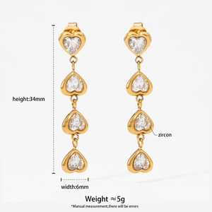 Boucles d'oreilles en acier 316L avec quatre cœurs dorés en zircon, hauteur de 34mm