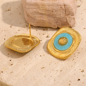 Vintage 18K gold plated stainless steel square earrings with blue enamel and shell motif